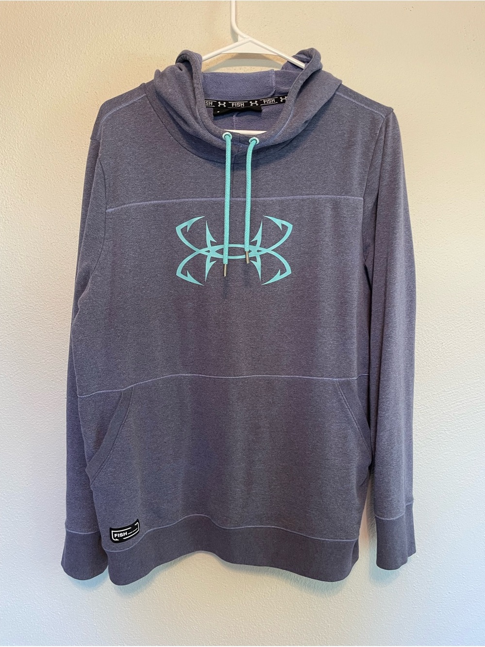 Under Armour Women’s Fishing Purple Pullover Hoodie w/ Teal Fish Hook Logo Large